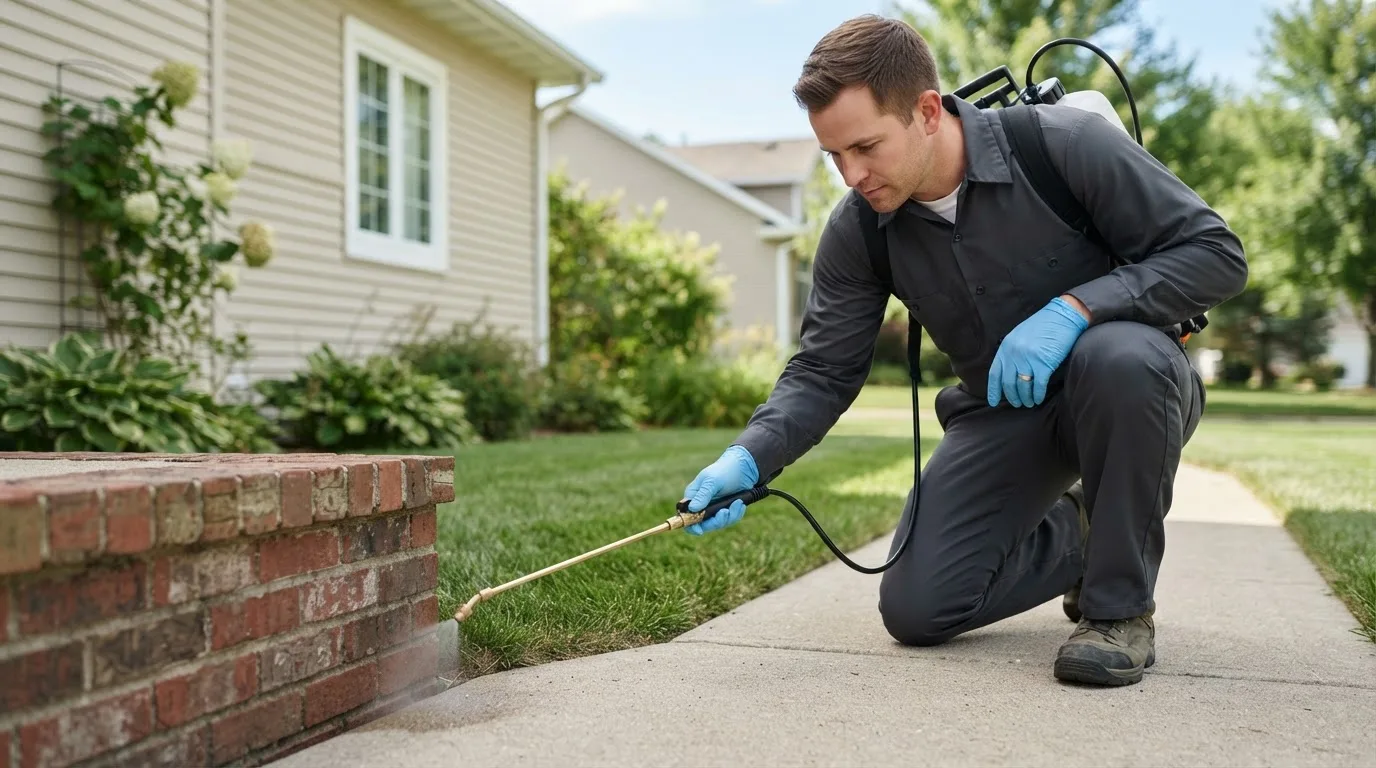 Pest control technician treating a home near Kittanning, PA
